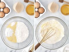 two pictures showing the process of making an egg mixture in a glass bowl with whisks and eggs