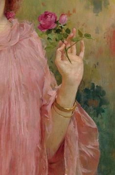 a painting of a woman holding a rose in her right hand and wearing a pink dress