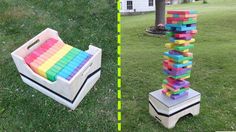 an old toy bed made out of wooden blocks in the grass and then turned into a game