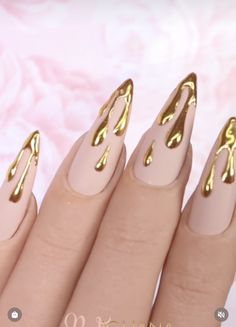 Duster Nail Design, Tan Almond Nails With Design, Champagne Inspired Nails, Egyptian Nails Cleopatra, Teardrop Nails Design, Chrome Gold French Tip Nails, Nude Stiletto Nail Designs, Gold Drip Nails, Pretty Almond Nails Classy