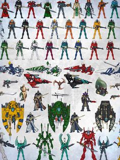 a bunch of action figures that are all different colors