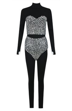 Long Sleeve Crystal Three Piece Jumpsuit Black Fitted Black Sequin Bodysuit, Fitted Black Bodysuit With Sequins, Black Sequin Long Sleeve Sets, Black Sequined Long Sleeve Sets, Black Long Sleeve Sequin Set, Glamorous Fitted Black Sets, Fitted Black Sequin Sets, Black Stretch Sequined Jumpsuits And Rompers, Black Stretch Jumpsuits And Rompers With Sequins