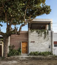 the house is made out of concrete and has plants growing on the side of it