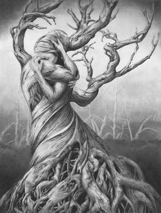 a drawing of a woman hugging her head in front of a tree with roots growing out of it