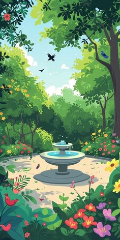 a painting of a fountain surrounded by trees and flowers