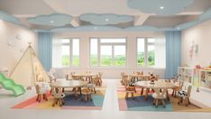 a child's playroom with wooden tables and chairs