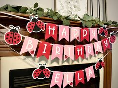 a birthday banner with ladybugs hanging from it's sides in front of a fireplace