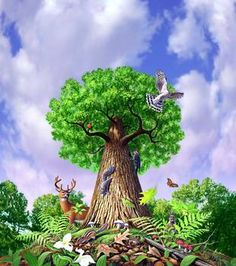 a painting of a tree surrounded by plants and animals