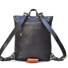 a black leather backpack with two straps