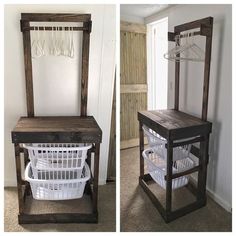 an old chair turned into a laundry hamper and basket stand with clothes hanging on it