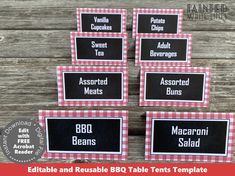 four red and white checkered place cards with the words bbq beans on them