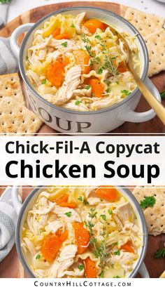 two pictures of chicken fil - a copycat soup with crackers on the side