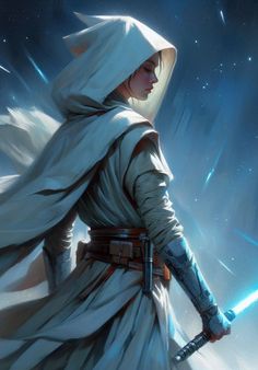 a star wars character holding a light saber in his right hand and looking at the sky