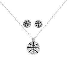 a necklace and earring set with basketballs on the front, in white gold