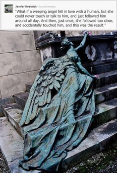 an angel statue sitting on top of some steps next to a building with flowers growing out of it