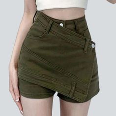 Welcome the 2023 Spring-Summer Collection with our chic street-style layered khaki denim skirt! Perfect to give you a flattering and stylish look. this high-waisted skort is sure to become your new go-to piece.Why You'll Love It Patchwork Perfection: An exquisitely crafted patchwork design that is sure to make heads turn. Versatile Styling: Versatile enough to be styled for multiple occasions. from a casual lunch to a formal gathering. High Waisted Fit: A high-waisted fit that accentuates your c Trendy High Waist Skort, High Waist Non-stretch Spring Skort, Spring High Waist Non-stretch Skort, Trendy Solid Color Mini Skort, Trendy Cotton Skort With Built-in Shorts, Trendy Non-stretch Mini Skirt, Casual Mini Skirt With Built-in Shorts For Spring, Chic Green Denim Bottoms, Mini Denim Skirt With Built-in Shorts