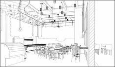 an architectural drawing of the interior of a restaurant or bar with tables and stools