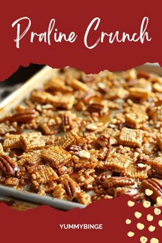 a large tray filled with pretzel crunch on top of a red tablecloth