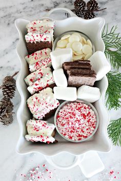 a tray filled with different types of desserts and marshmallows next to pine cones