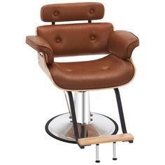 a brown leather chair sitting on top of a metal base with a wooden foot rest