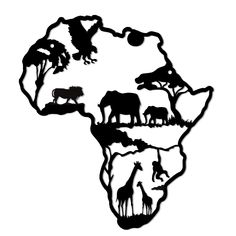 an africa map with animals and trees cut out from it's sides, on a white background