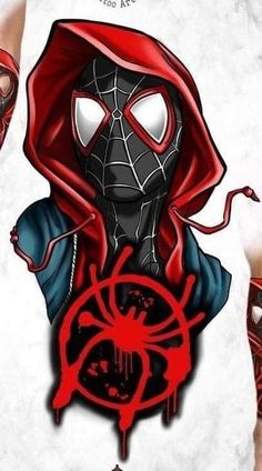 a drawing of a spider man wearing a red hoodie and holding a black widow