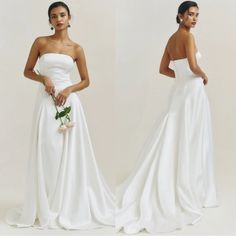 two pictures of a woman in a white dress and one is holding a flower bouquet