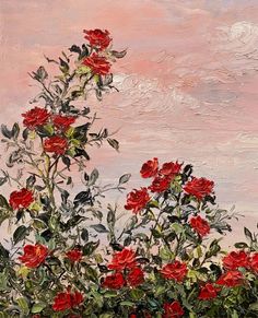 a painting of red flowers in front of a pink sky