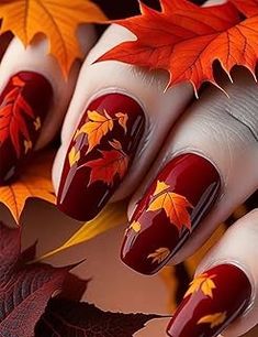 Amazon.com : fall nail Red Fall Nails With Leaves, Nail Designs With Fall Leaves, Orange Fall Nails With Leaves, Red And Orange Fall Nails, Autumn Nails With Leaves, Oval Nails Autumn, Autumn Nails Leaves, Nails With Leaves Fall, Autumn Nails Colors Orange