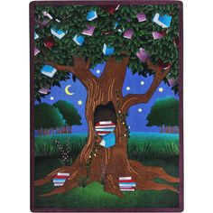 an image of a tree with books falling from it's branches and the moon in the sky