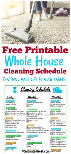 a poster with the words keep your home squeaky clean with this free cleaning schedule