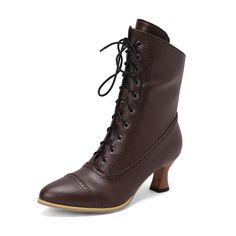 Shop Vintage Brown Lace Up Ankle Boots Spool Heel Pointed Toe Dress Boots color Brown for Anniversary, Hanging out, Night Club, Party with worldwide Free shipping & Free return. Steampunk Boots, Glass Heels, Noble Knight, Victoria Fashion, Brown Heels, Womens Shoes High Heels, Lace Up Ankle Boots, Brown Shoe, Boots Women