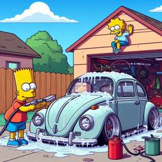 the simpsons character is washing an old vw bug in front of his garage with water