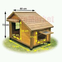 a wooden dog house with measurements for the roof