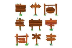 various wooden signs with grass and flowers on them - miscellaneous objects illustrations, clippings