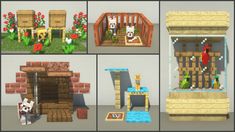 several different types of animals and plants in minecraft style buildings, including a dog house