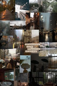 a collage of photos with people and umbrellas in the rain, city buildings