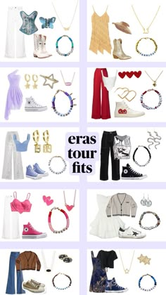 various types of clothes and accessories are arranged on a white background with the words eras tour fits