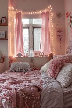 a bedroom decorated in pink and white with fairy lights on the window sill above the bed