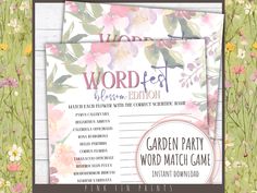 a garden party word match game with flowers