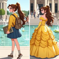 two pictures of the same woman in yellow dresses, one with long hair and another with brown shoes