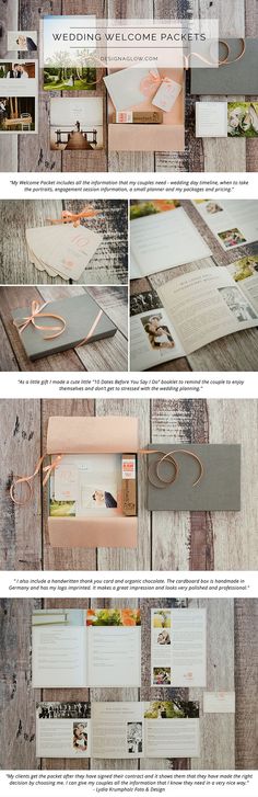 the inside pages of a wedding album with photos and text on it, including an open book