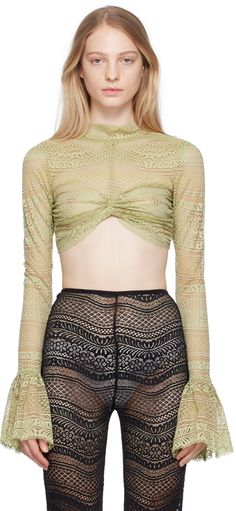 Semi-sheer stretch nylon-blend lace blouse. · Mock neck · Ruching and twisted detailing at chest · Cropped hem · Ruffles at flared cuffs Supplier color: Sage Mask Girl, Sheer Bra, Hottie Women, Lace Blouse, Mock Neck, Apparel Accessories, Ruffles, On Sale, Top Blouse