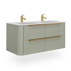 the double sink vanity has two gold faucets on each side and is made from corrugated