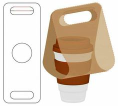 a paper bag with a plastic cup on it next to a cardboard container for coffee