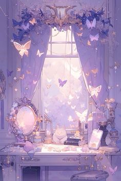 a desk with butterflies on it in front of a window