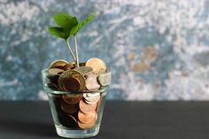 a glass vase filled with coins and a green plant growing out of the top one