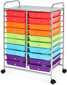 multicolored bins are stacked on top of each other in a metal rack