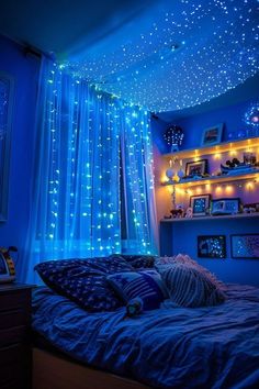 a bedroom with blue lights on the ceiling and bed in front of a curtained window