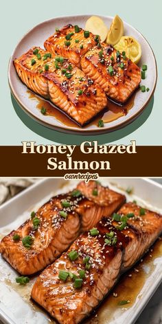 honey glazed salmon, sticky salmon, sweet and savory salmon, easy salmon recipe, baked salmon with honey glaze Salmon Fillets, Flavorful Recipes, Salmon Recipes, Gourmet Recipes, Main Dishes